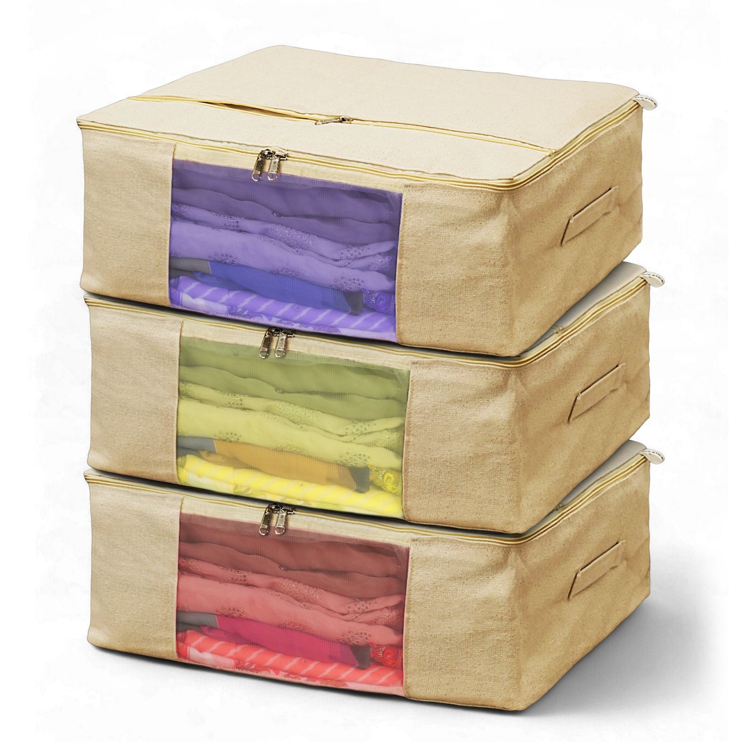 Pack of 3 | Cotton Canvas Clothes Storage Bags| Extra pocket | 17 x 14 x 6 Inch