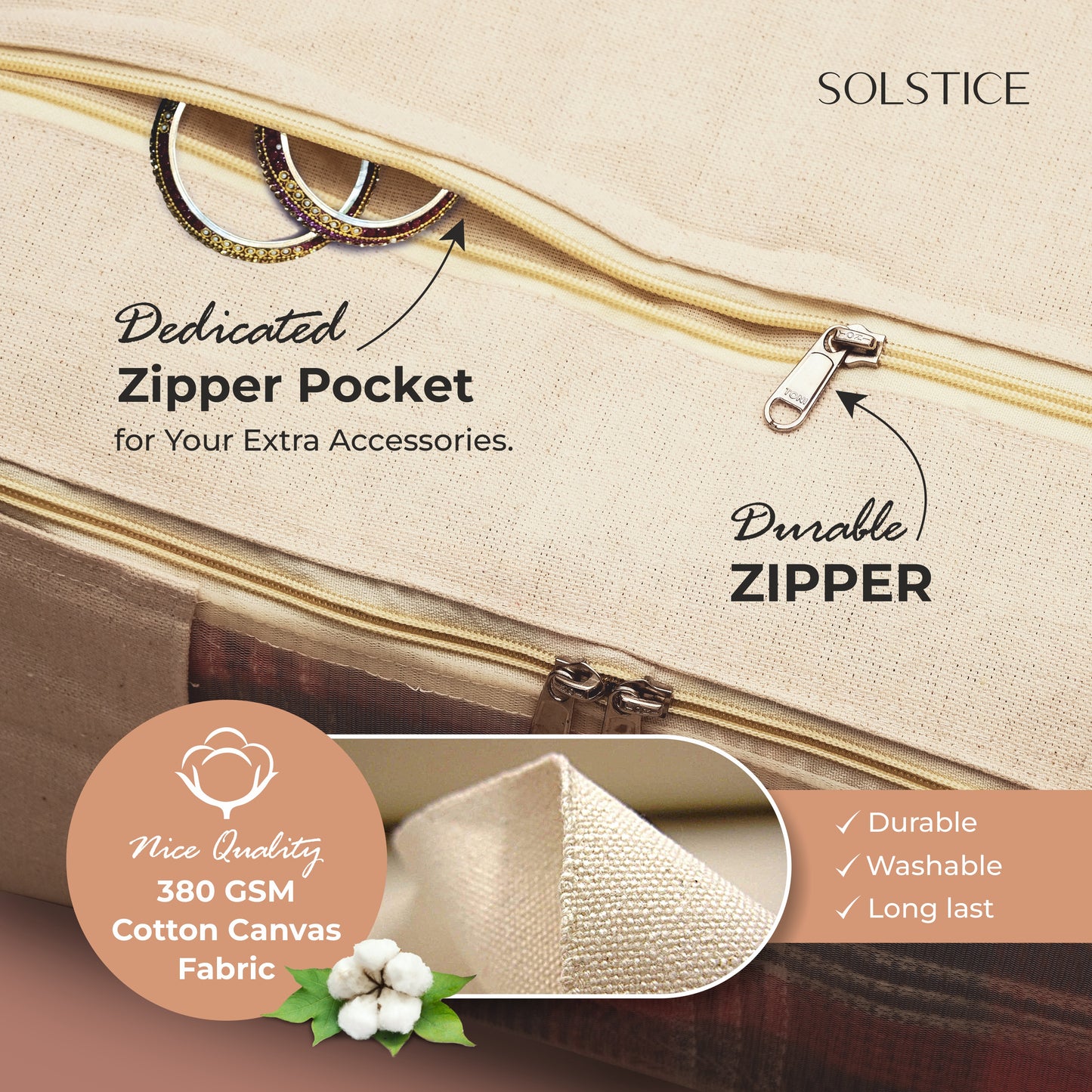 Pack of 3 | Cotton Canvas Clothes Storage Bags| Extra pocket | 17 x 14 x 6 Inch