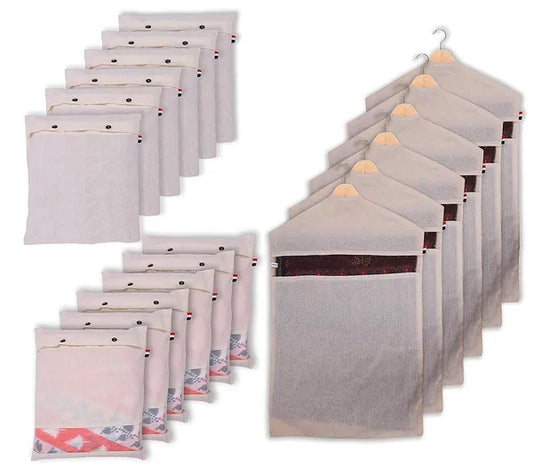 Set of 18 Cotton Saree Cover for Storage, Wardrobe Organizer | 6 Cover Plain + 6 with Net Window + 6 Hanger Covers