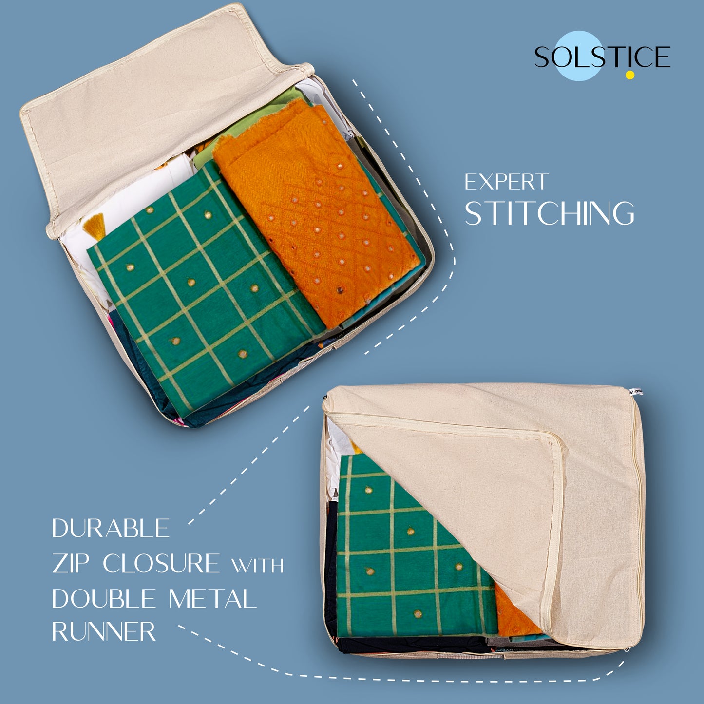 Set of 3 Cotton Clothes Storage Box/Covers with Zip 18 x 16 x 4.5 inch