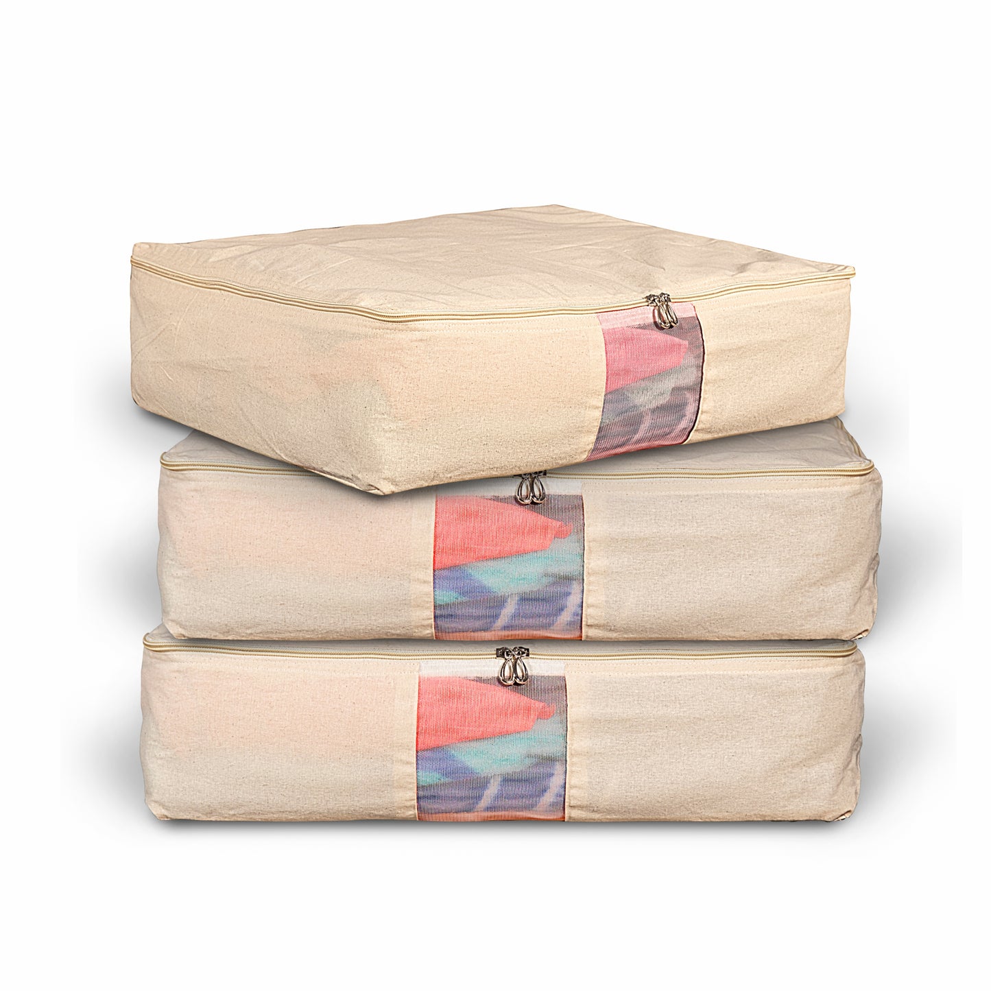 Set of 3 Cotton Clothes Storage Box/Covers with Zip 18 x 16 x 4.5 inch